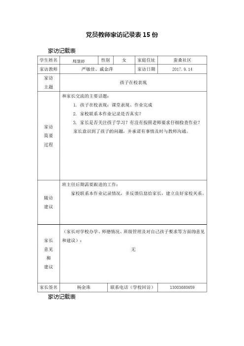 党员教师家访记录表15份