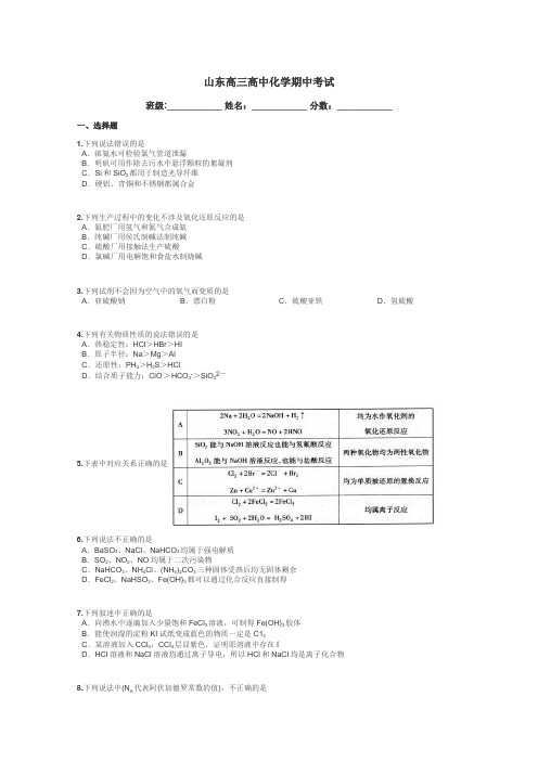 山东高三高中化学期中考试带答案解析
