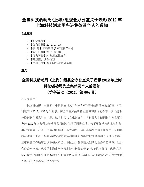 全国科技活动周(上海)组委会办公室关于表彰2012年上海科技活动周先进集体及个人的通知