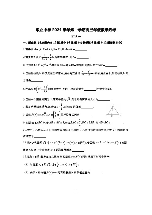 2024-2025学年上海敬业中学高三上学期数学月考试卷及答案(2024.10)(含答案)