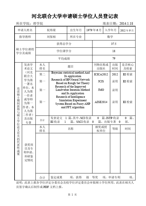 河北联合大学 硕士学位申请书模版 硕士学位登记表(审批学位用)--祝炜梁