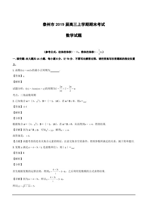 江苏省泰州市2019届高三上学期期末考试数学试题(附解析)