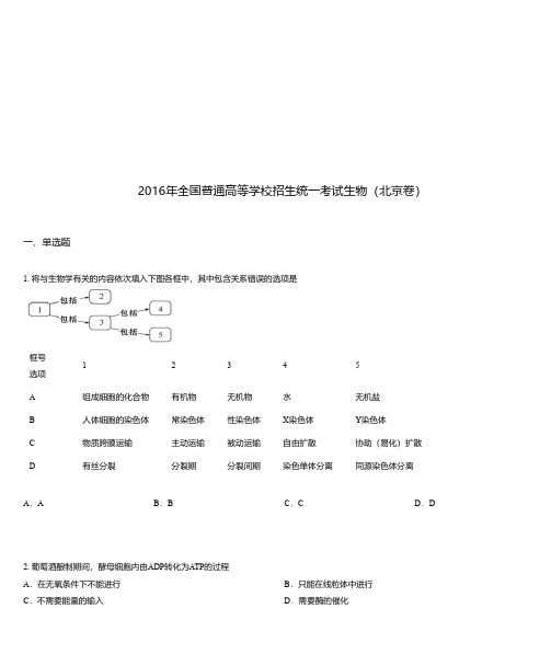 2016年全国普通高等学校招生统一考试生物(北京卷)