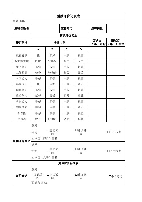 招聘面试评价记录表