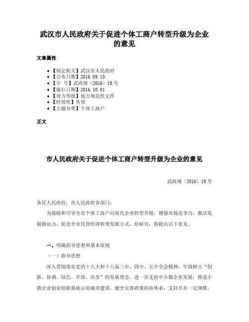 武汉市人民政府关于促进个体工商户转型升级为企业的意见