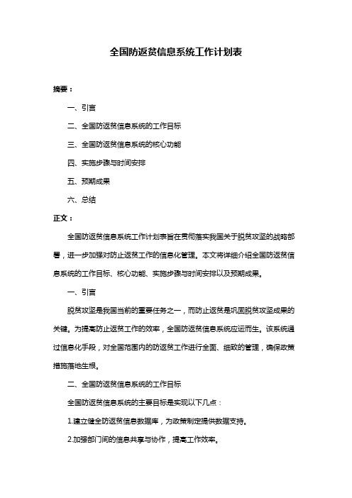 全国防返贫信息系统工作计划表