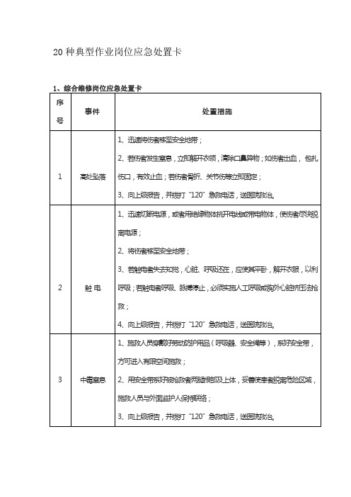 20种典型作业岗位应急处置卡