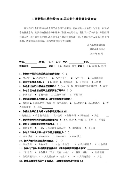 毕业生就业意向调查表