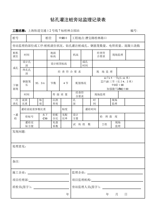 钻孔灌注桩旁站监理记录表【范本模板】