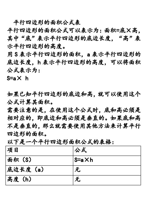 平行四边形的面积公式表