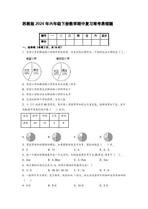 苏教版2024年六年级下册数学期中复习常考易错题【含答案】