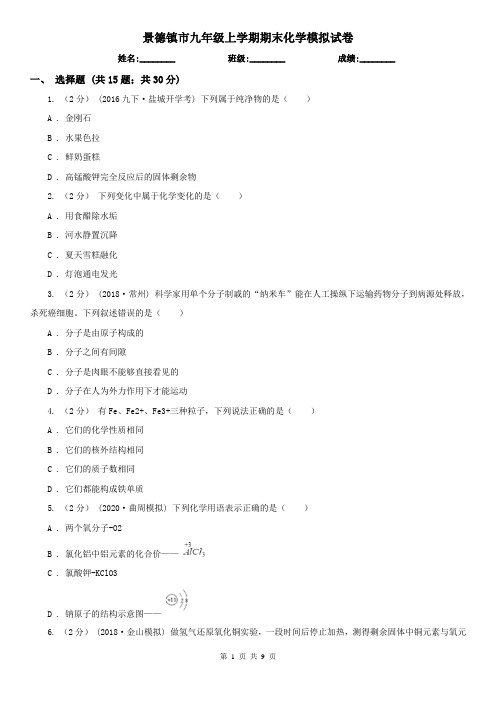 景德镇市九年级上学期期末化学模拟试卷