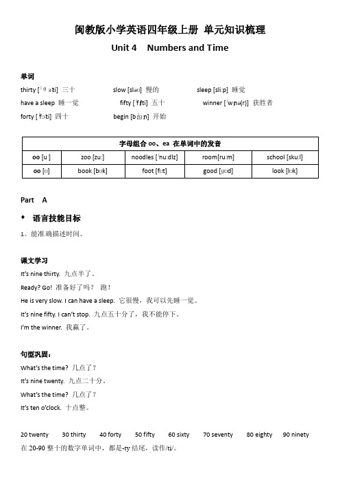 闽教版小学英语四年级上册Unit 4 单元知识梳理