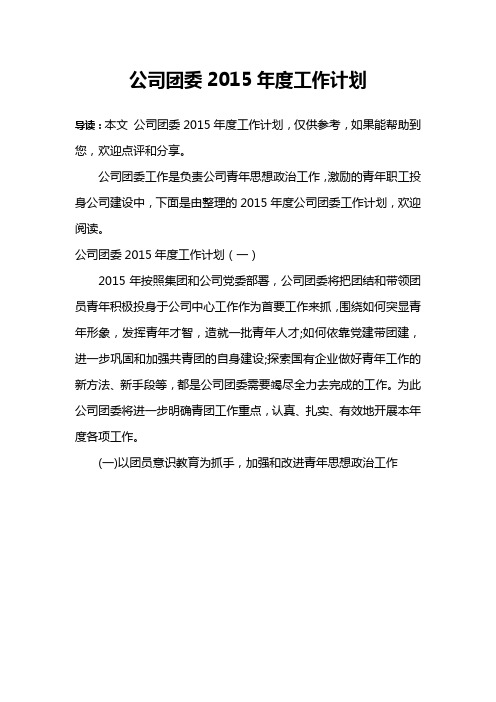 公司团委2015年度工作计划