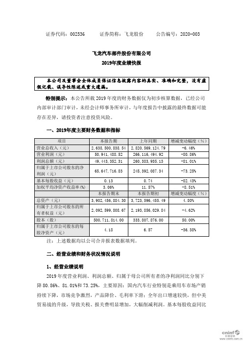 飞龙股份：2019年度业绩快报