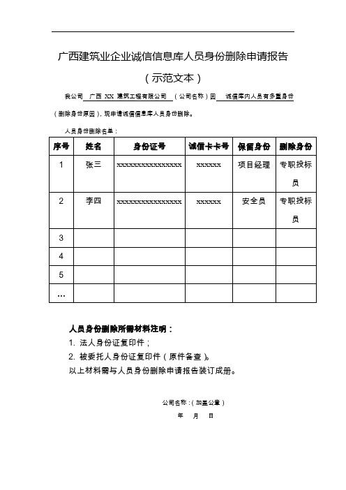 广西建筑业企业诚信信息库人员信息删除申请表(示范文本)