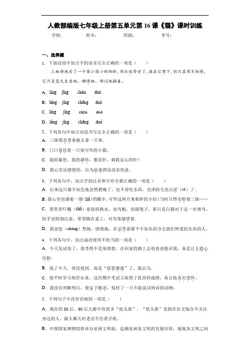 人教部编版七年级上册第五单元第16课《猫》课时训练