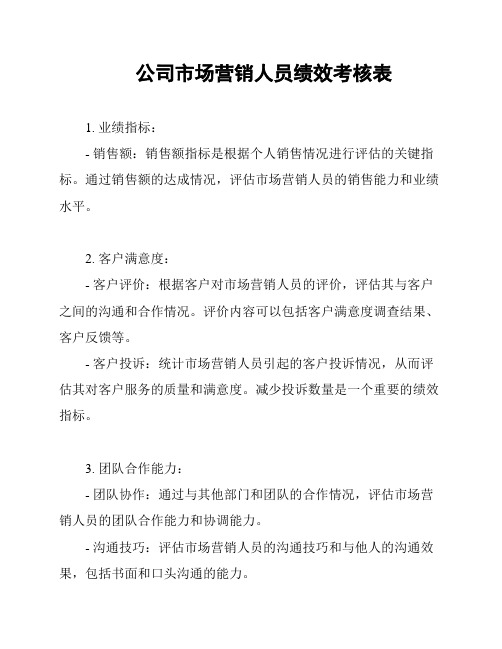 公司市场营销人员绩效考核表