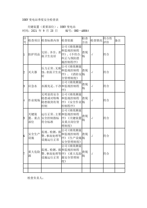 35KV变电站季度安全检查表