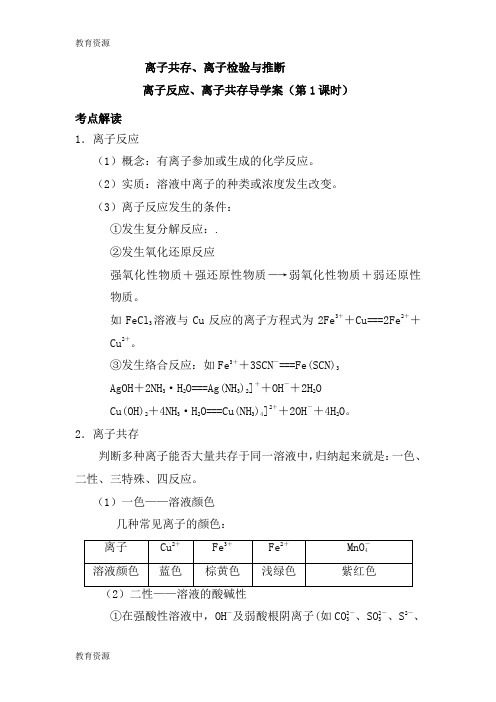 【教育资料】离子反应、离子共存导学案(第1课时)学习专用