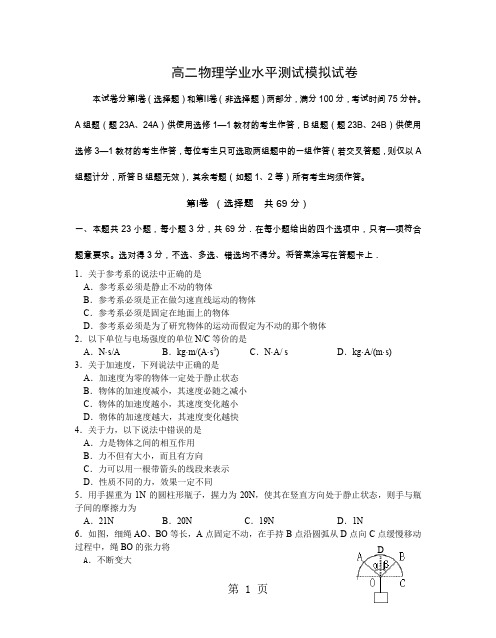 江苏省届高二物理学业水平测试模拟试卷二模共6页文档