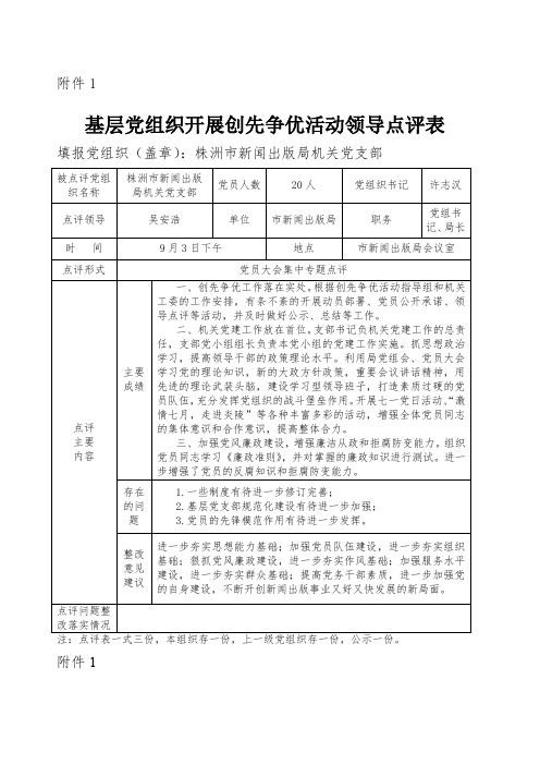 基层党组织开展创先争优活动领导点评登记表