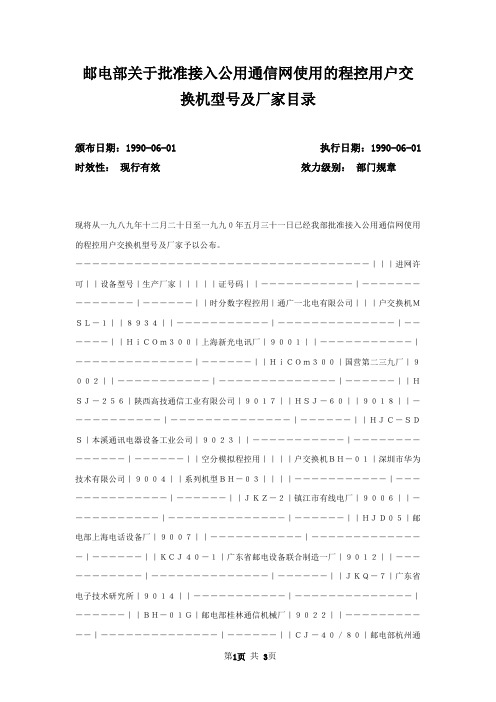 邮电部关于批准接入公用通信网使用的程控用户交换机型号及厂家目录