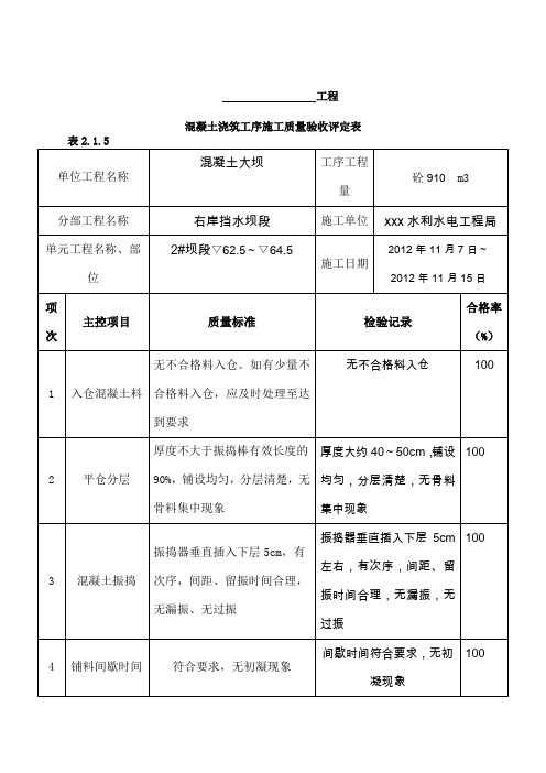 表.混凝土浇筑工序施工质量验收评定表例表