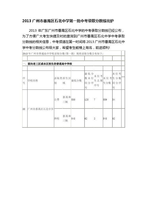 2013广州市番禺区石北中学第一批中考录取分数线出炉