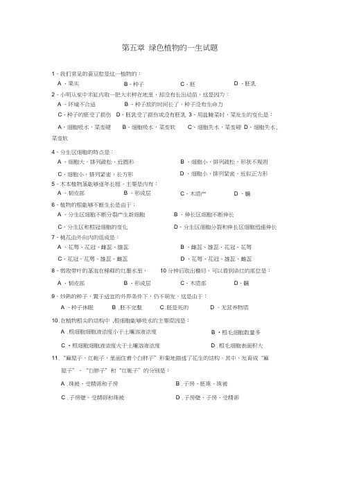 辽宁市辽阳市第九中学苏教版七年级生物上册：第五章绿色植物的一生测试题$843891