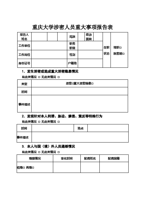 重庆大学涉密人员重大事项报告表【模板】