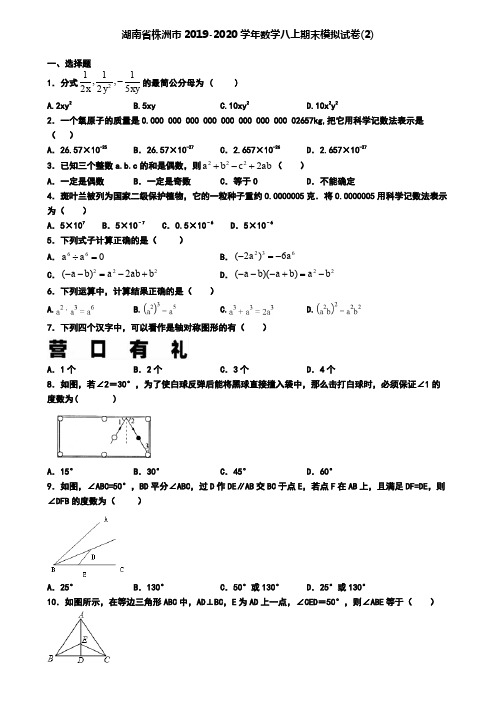 湖南省株洲市2019-2020学年数学八上期末模拟试卷(2)