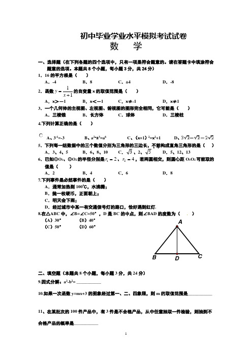 初中毕业学业水平模拟考试试卷