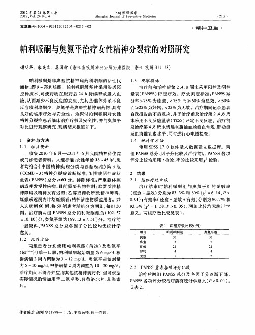 帕利哌酮与奥氮平治疗女性精神分裂症的对照研究