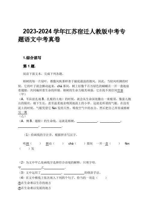 2023-2024学年江苏宿迁人教版中考专题语文中考真卷习题及解析