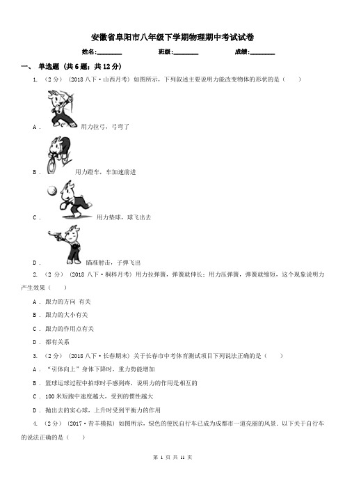 安徽省阜阳市八年级下学期物理期中考试试卷