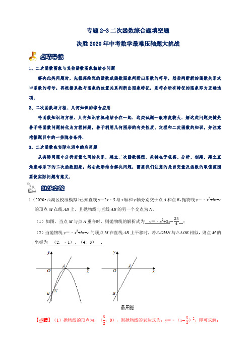 决胜2020年中考数学最难压轴题大挑战 专题2.3 二次函数综合题填空题 (解析版)