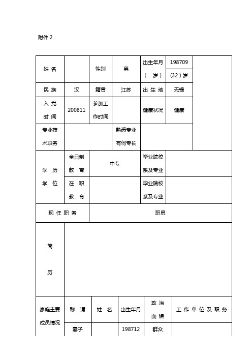 优秀中青年后备干部初步人选基本信息表