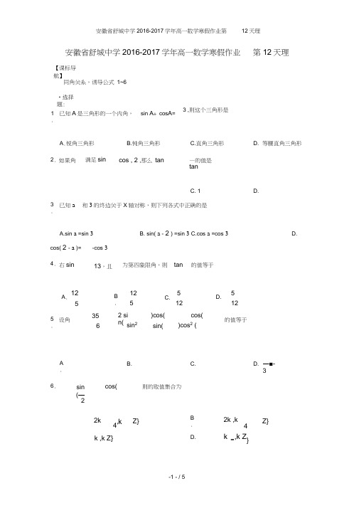 安徽省舒城中学高一数学寒假作业第12天理