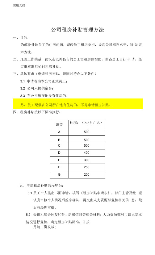 公司租房补贴管理办法(暂行)