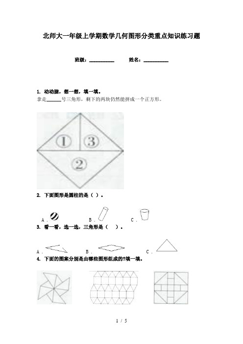 北师大一年级上学期数学几何图形分类重点知识练习题