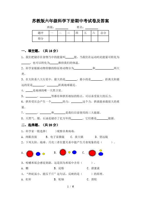 苏教版六年级科学下册期中考试卷及答案