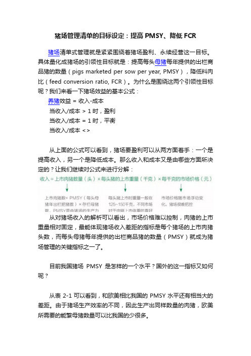 猪场管理清单的目标设定：提高PMSY、降低FCR