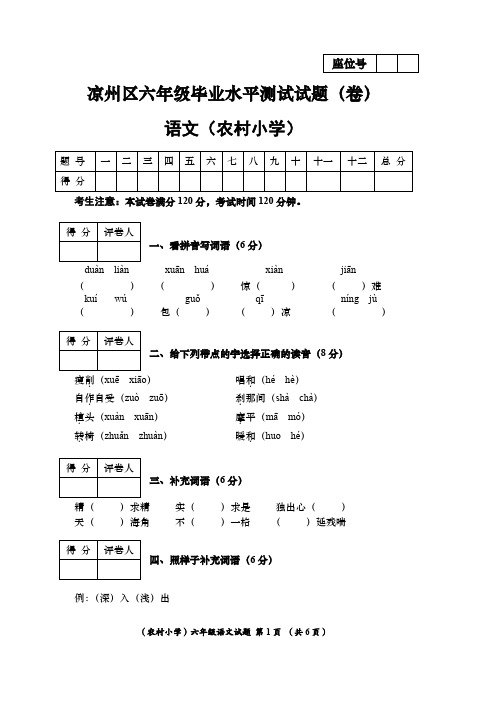 六年级语文毕业测试(农村)