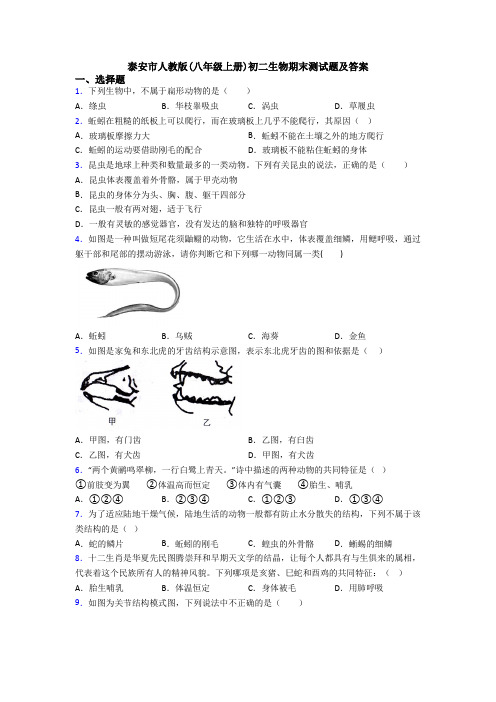 泰安市人教版(八年级上册)初二生物期末测试题及答案