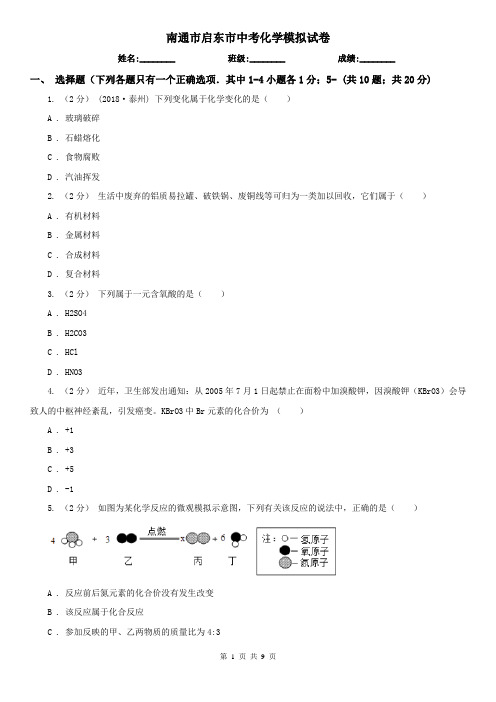 南通市启东市中考化学模拟试卷