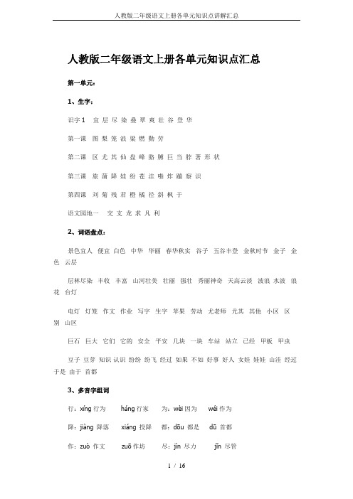 人教版二年级语文上册各单元知识点讲解汇总