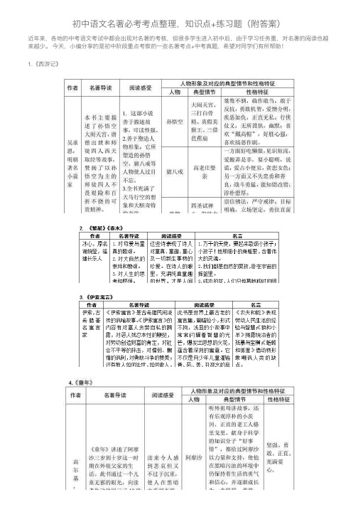 初中语文名著必考考点整理，知识点+练习题（附答案）