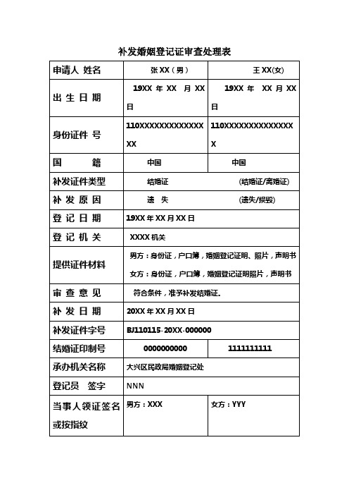 补发婚姻登记证审查处理表