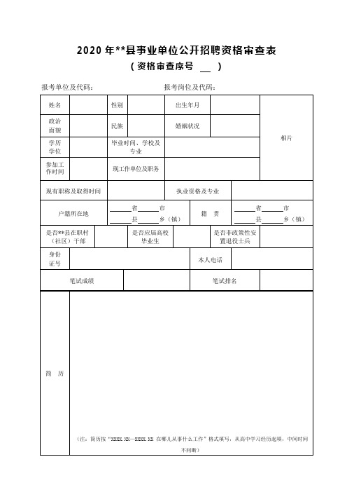 2020年安仁县事业单位公开招聘资格审查表【模板】